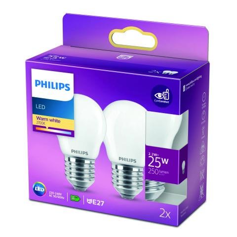 Philips LED krone 25w St. sok. matt varm hvid 2pk