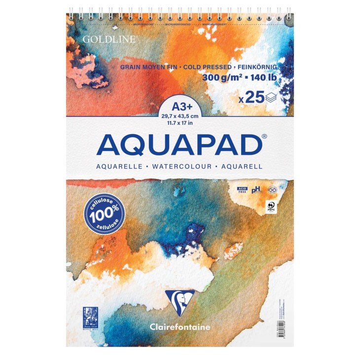 Clairefontaine Aquapad A3 m. spiral 300 g. 25 sider