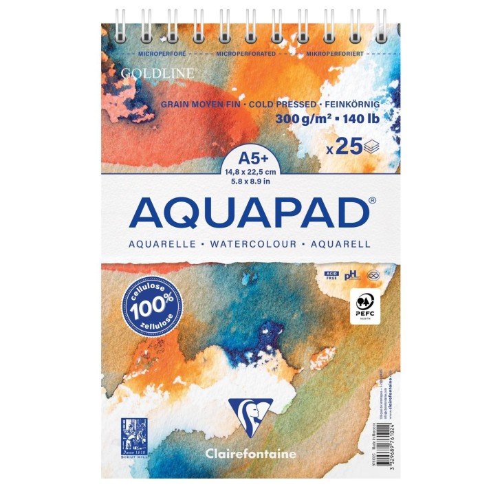 Clairefontaine Aquapad A5 m. spiral 300 g. 25 sider