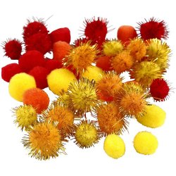 Pomponer orange, r�d og gul 48 stk. 