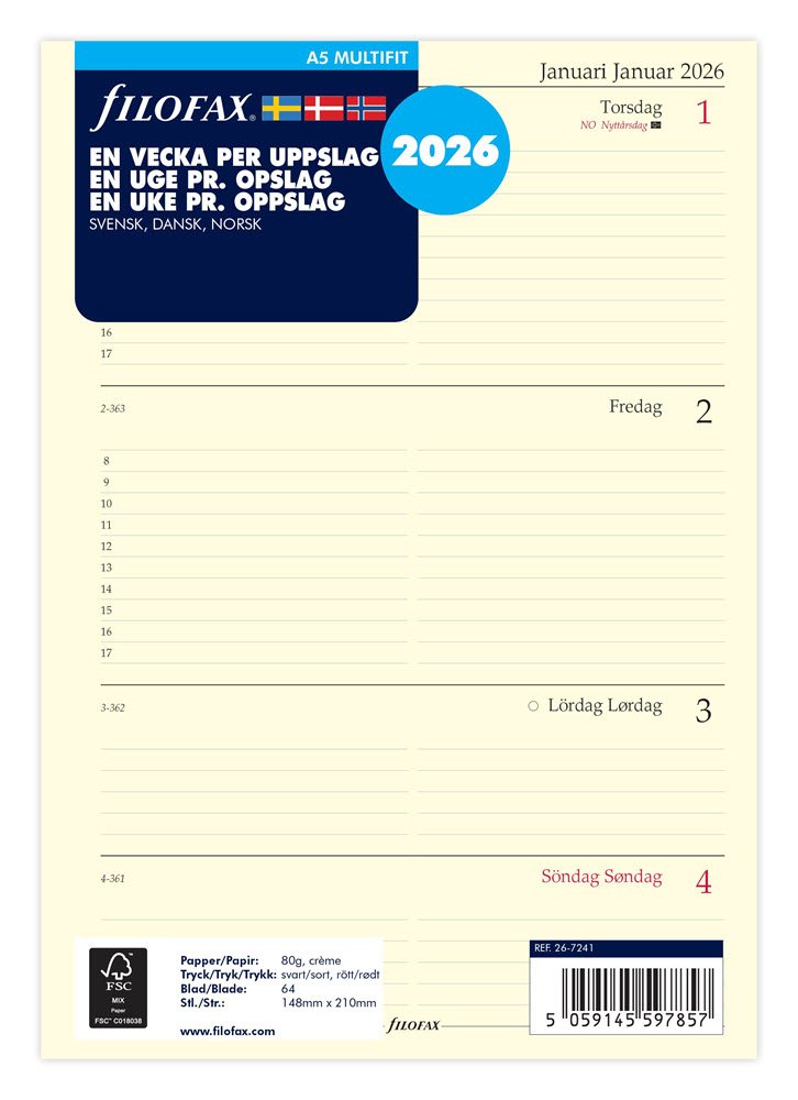 Filofax 2026 A5 Refil Uge pr. opslag
