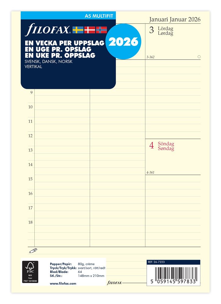 Filofax 2026 A5 Refil Uge pr. opslag Vertikal