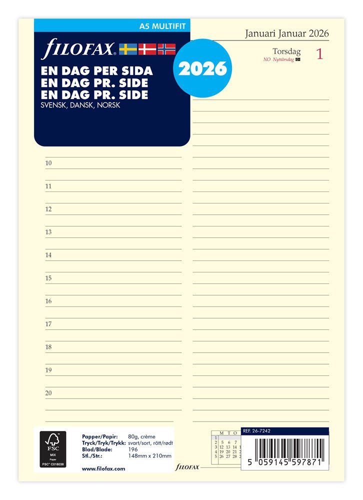 Filofax 2026 A5 Refil dag pr. side