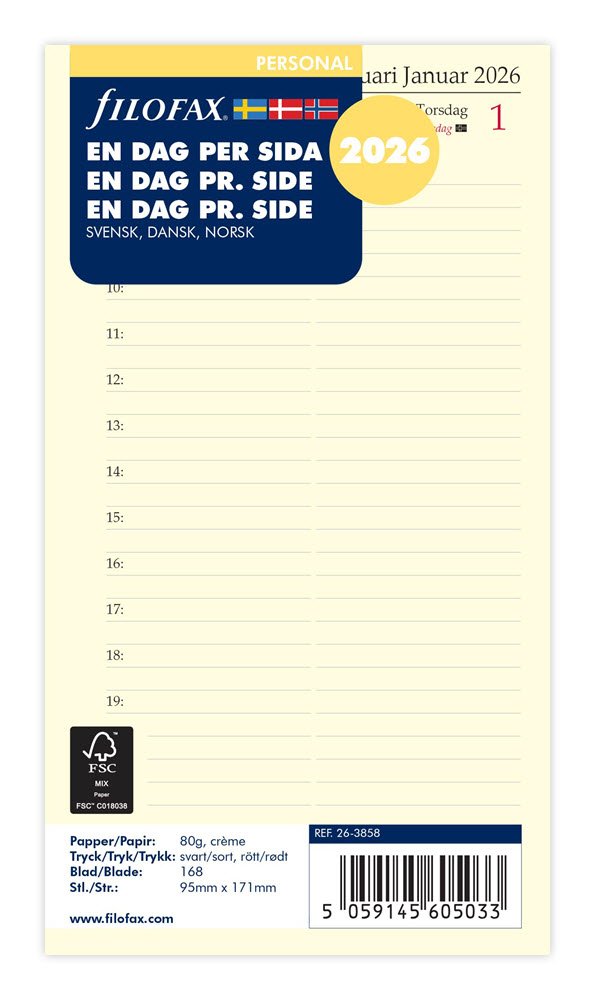 Filofax 2026 Personal Refil Dag pr. side