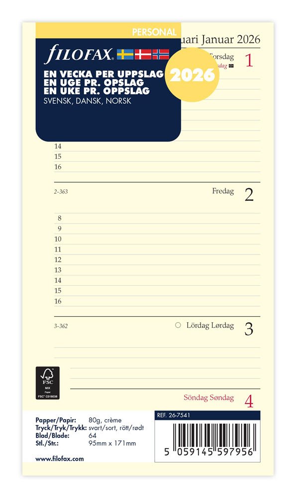 Filofax 2026 Personal Refil uge pr. opslag