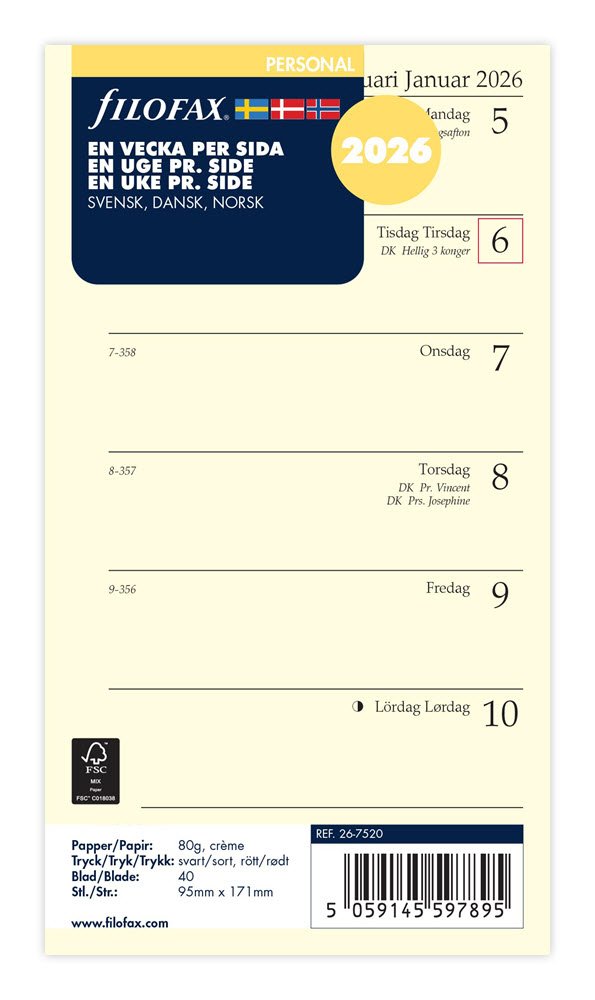Filofax 2026 Personal Refil uge pr. side