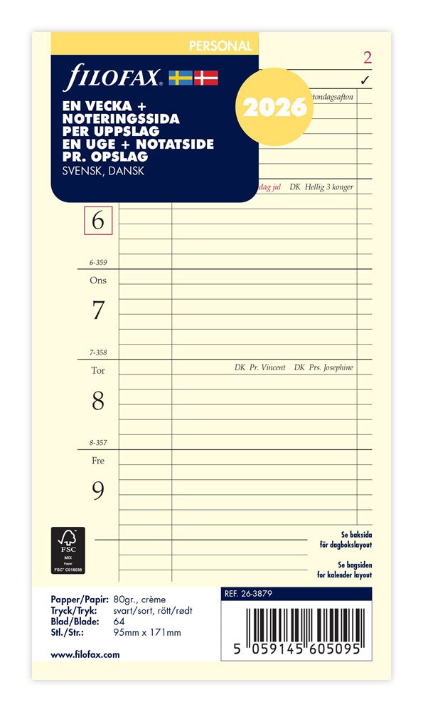 Filofax 2026 Personal Refil uge pr. side m. notat