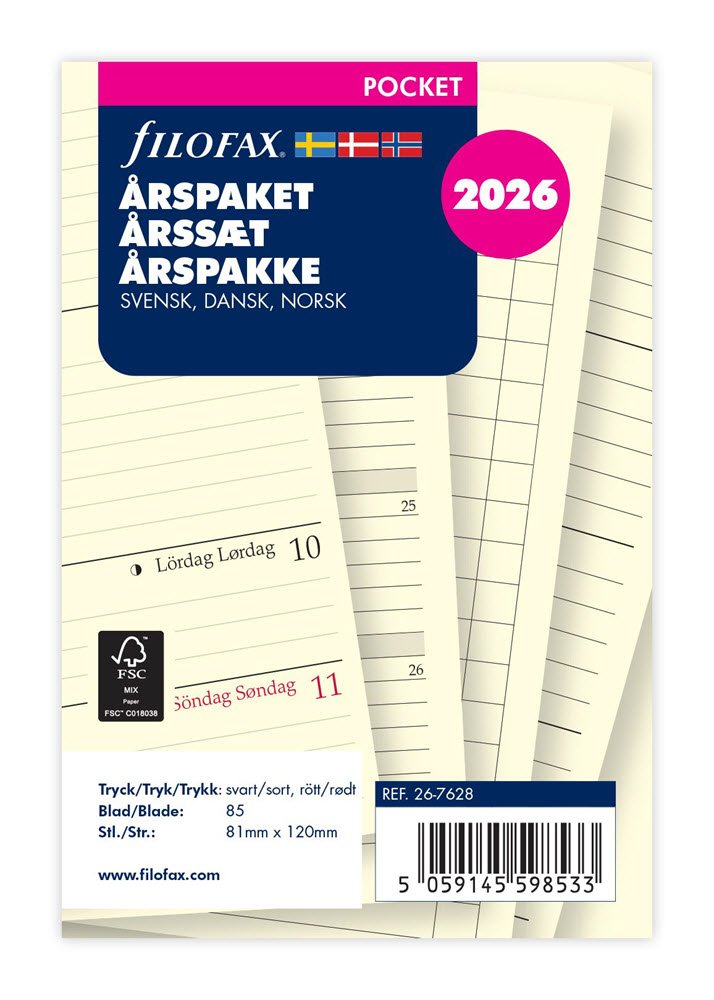 Filofax 2026 Pocket Refil rspakke uge pr. Opslag