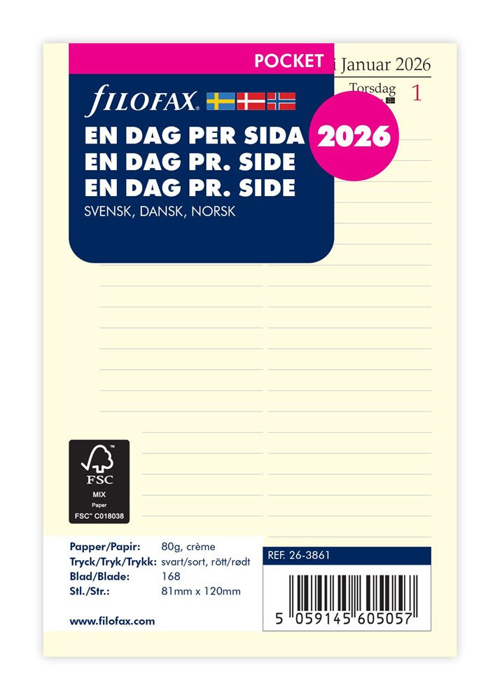 Filofax 2026 Pocket Refil dag pr. side 