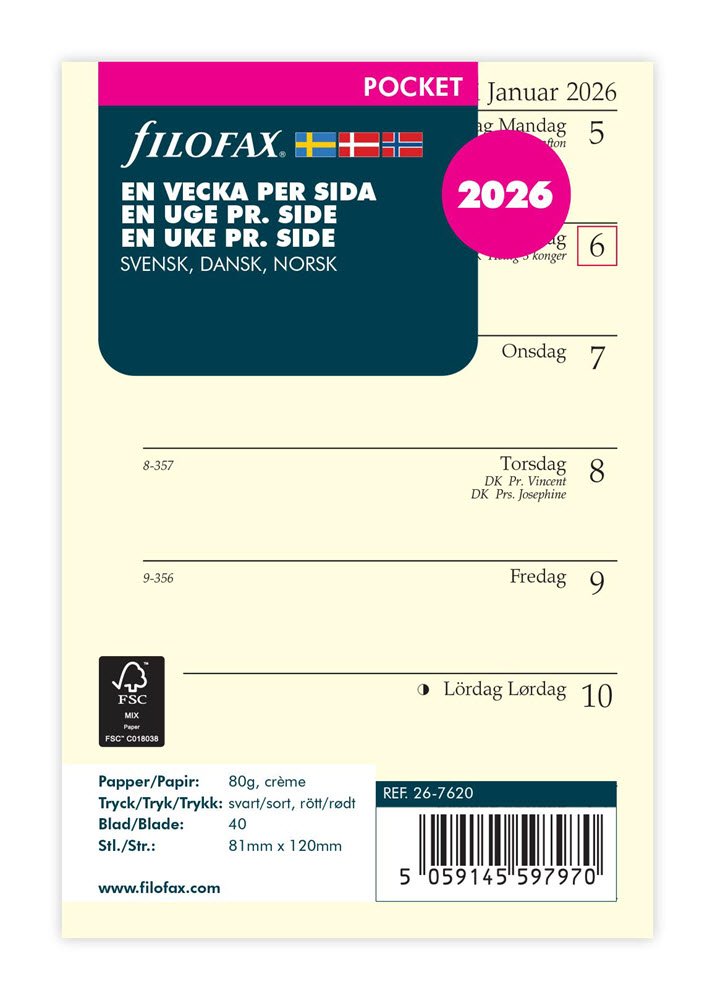Filofax 2026 Pocket Refil uge pr. Side