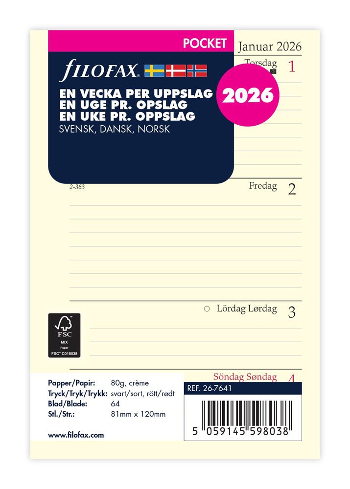 Filofax 2026 Pocket Refil uge pr. opslag