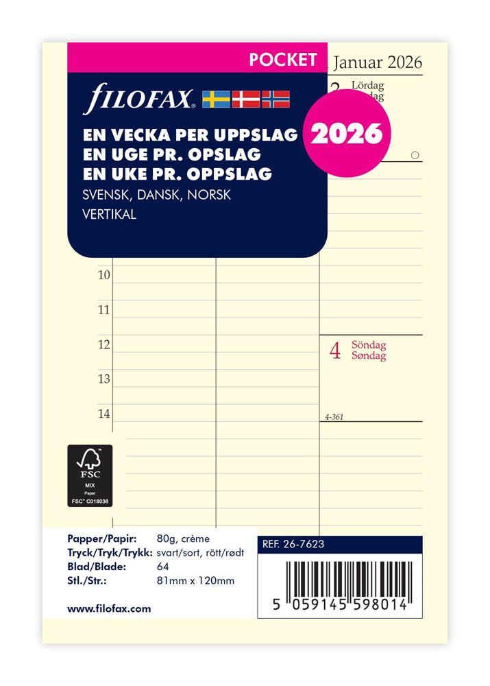 Filofax 2026 Pocket Refil uge pr. opslag Vertikal