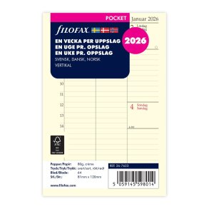 Filofax 2026 Pocket Refil uge pr. opslag Vertikal
