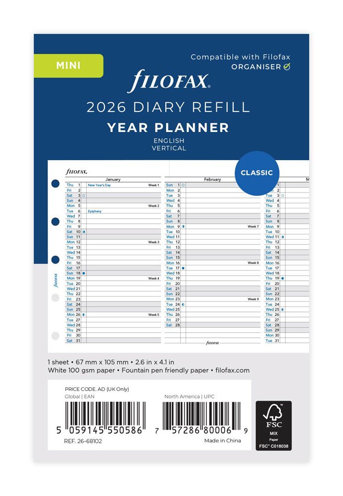 Filofax 2026 rsoversigt mini Vertikal ENGELSK