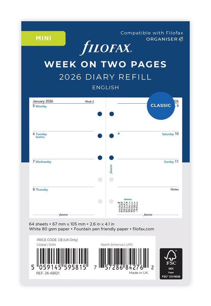 Filofax 2026 mini uge pr. opslag ENGELSK