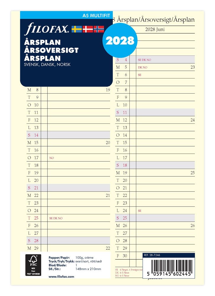 Filofax 2028 A5 rsoversigt