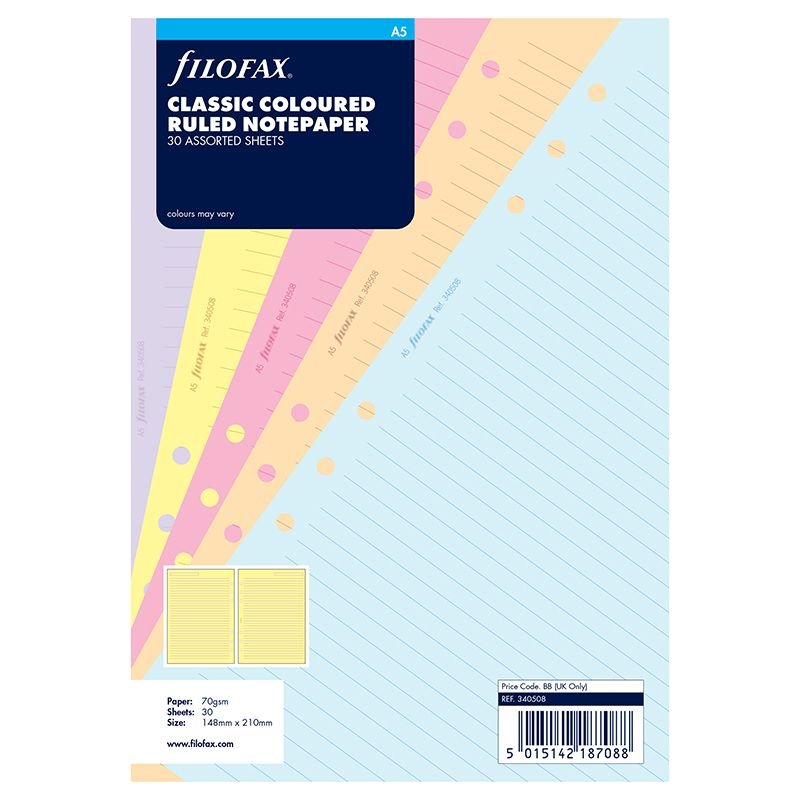 Filofax linieret A5 papir pastel 30 ark.