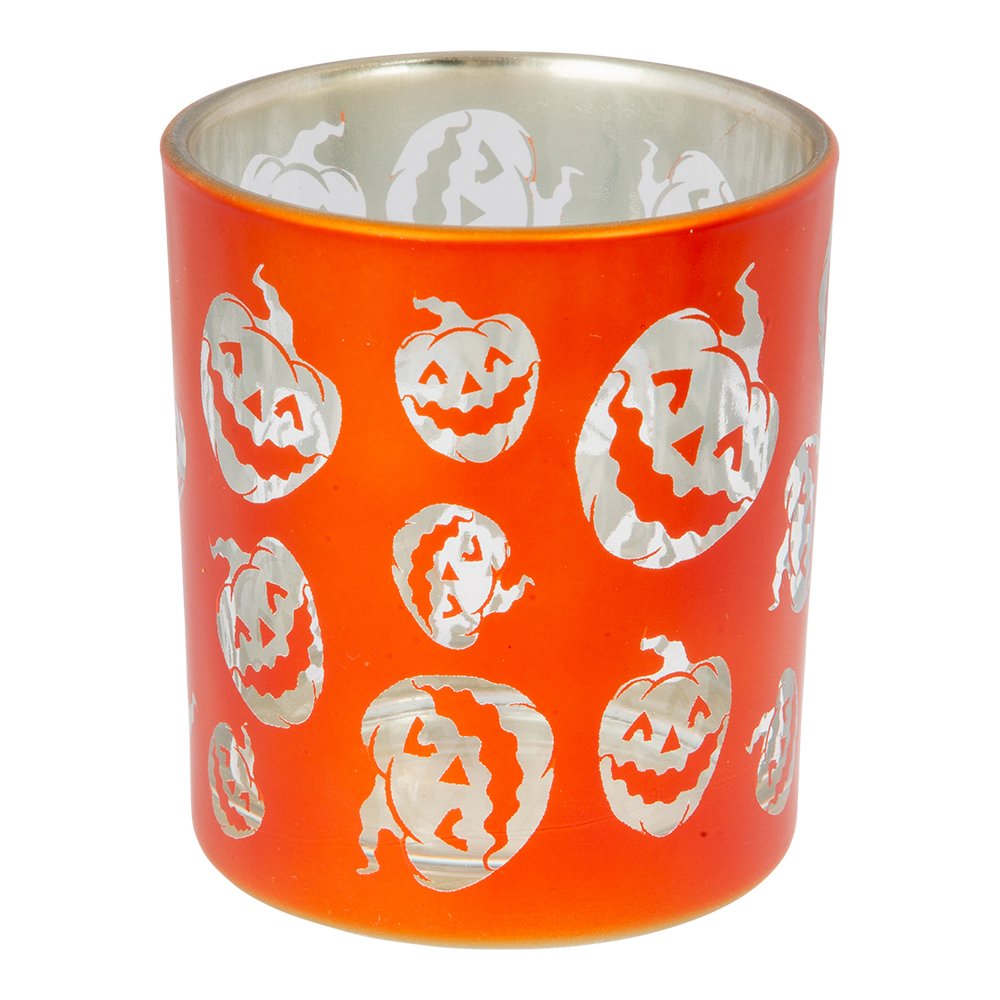 Halloween Fyrfadslys stage Orange m. Grskar motiv