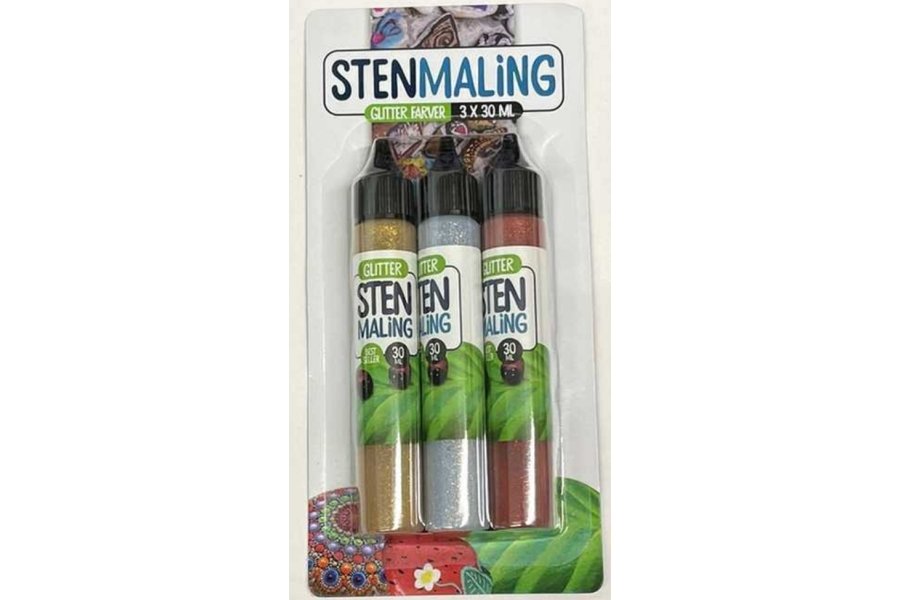 Stenmaling 3x30ml Glitter guld, s�lv og r�d