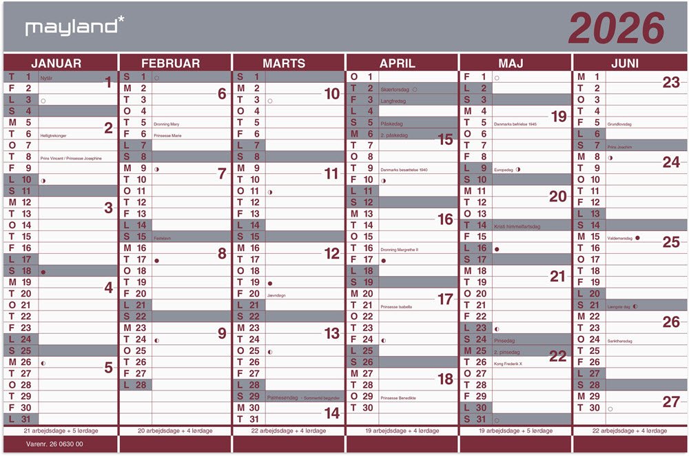 Kontorkalender Dobbelt halvrskalender 2026