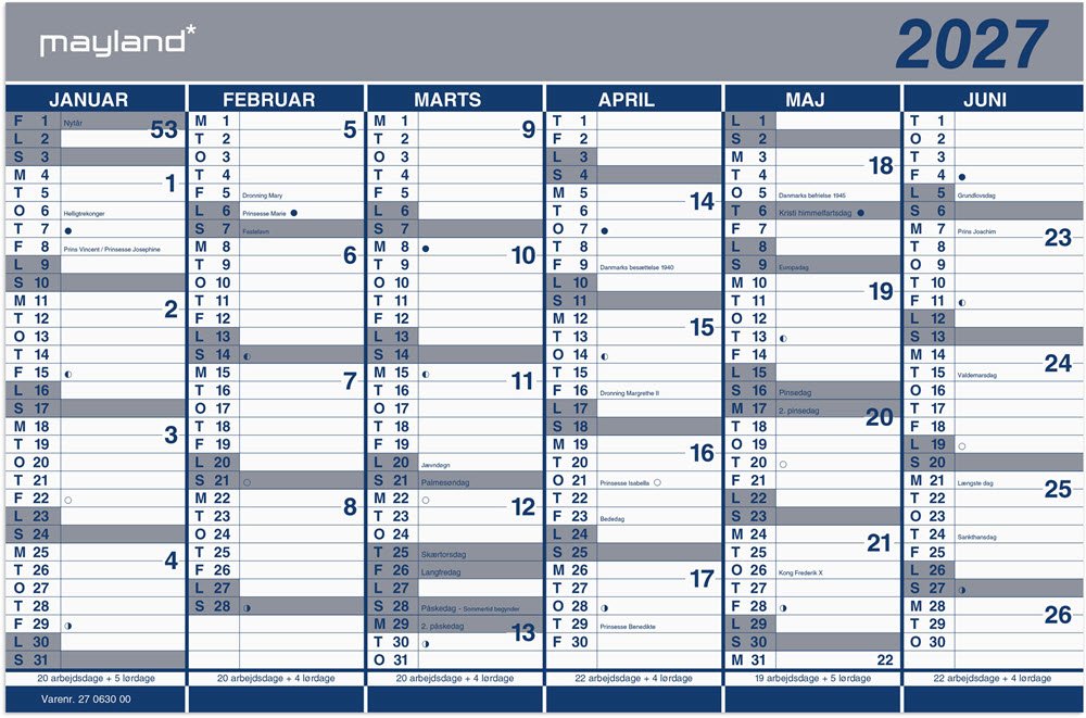 Kontorkalender Dobbelt halvrskalender 2027