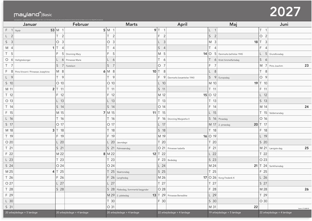 Mayland 2027 Basic kontorkalender m. whiteboard funktion A2