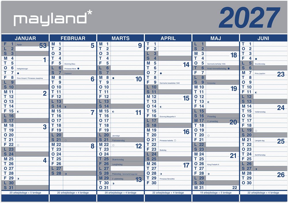 Mayland 2027 K�mpe kalender 2x6 mdr. 
