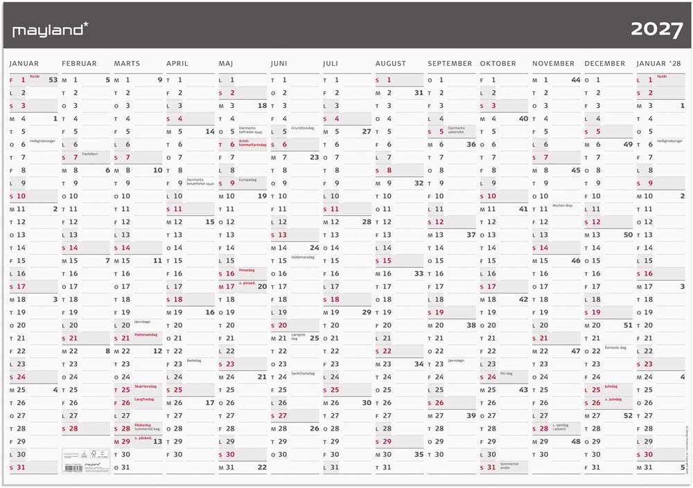 Mayland 2027 K�mpe kalender moderne 1x13 mdr. papir