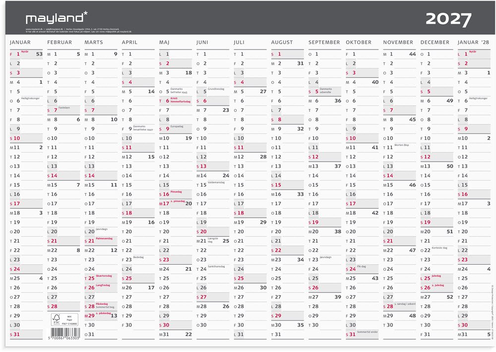Mayland 2027 Kontorkalender 1x13 mdr. A3 