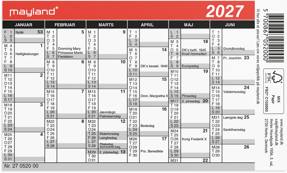 Mayland 2027 Mini kalender 
