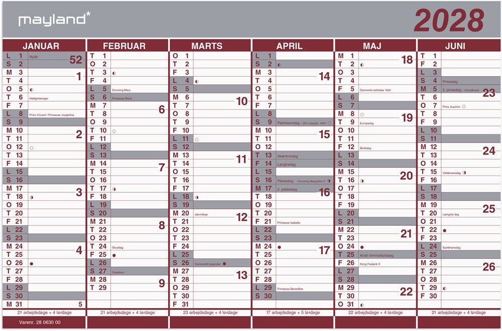 Mayland 2028 Kontorkalender dobbelt halv�rskalender