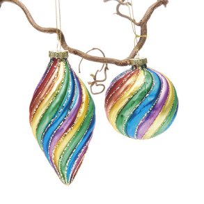 Glaskugle med regnbue striber og snor 8cm