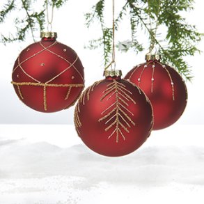 Glaskugle rd med gulddeko. og snor 8cm