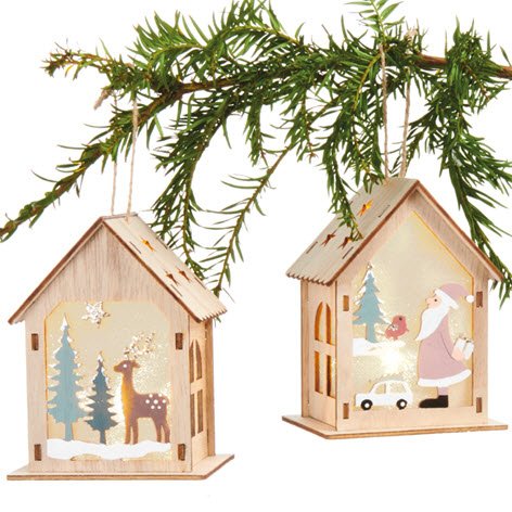 Hus trę med LED lys og snor 13cm