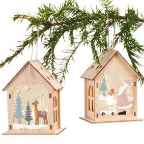 Hus tr med LED lys og snor 13cm