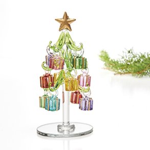 Juletr grnt glas med kulrte gaver 13cm