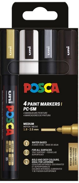 Posca PC-5M 4 st guld, hvid, slv og sort