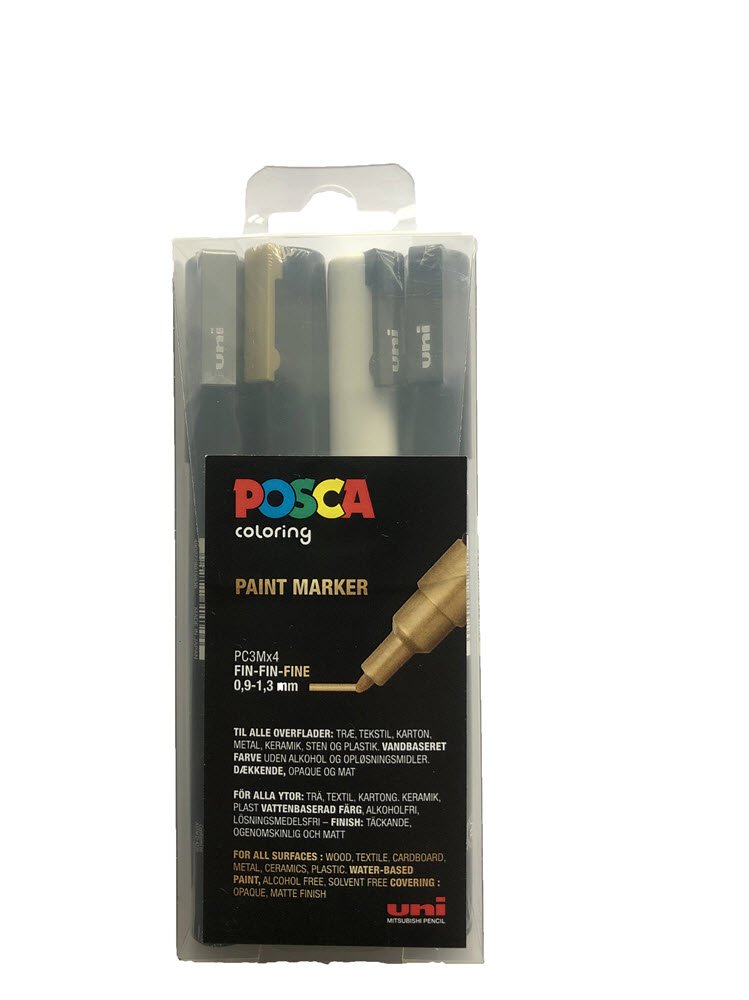 Posca Paint marker 4 stk guld,slv,hvid sort PC-3m