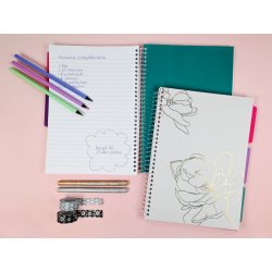 Notesbog B5 m. 3 faner hvid m. guld blomst