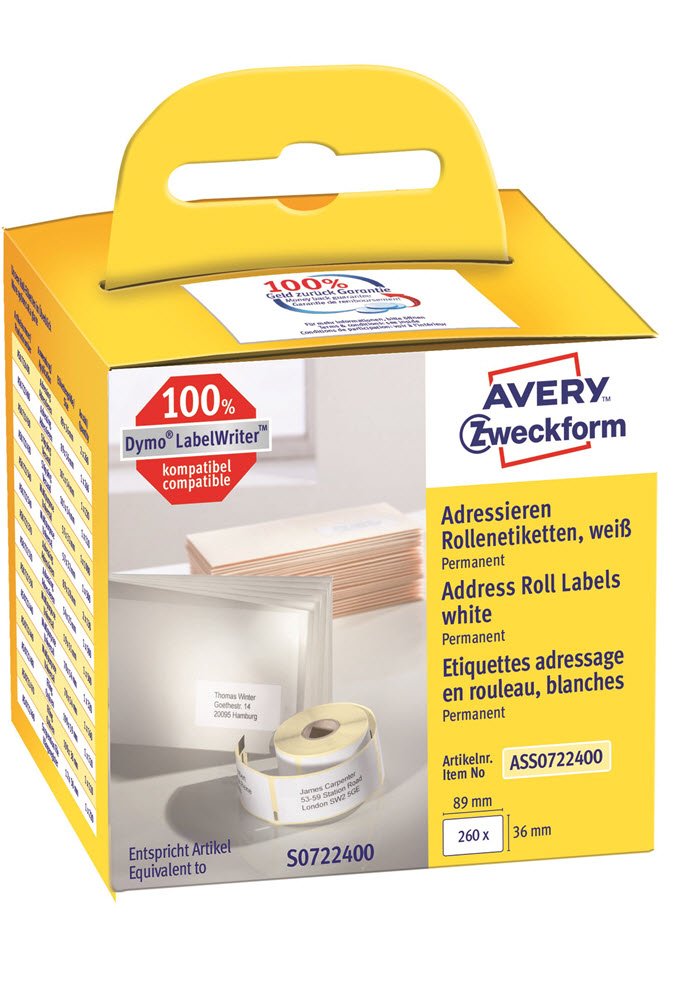 Avery adresseetiket p rulle 89x36mm (260)