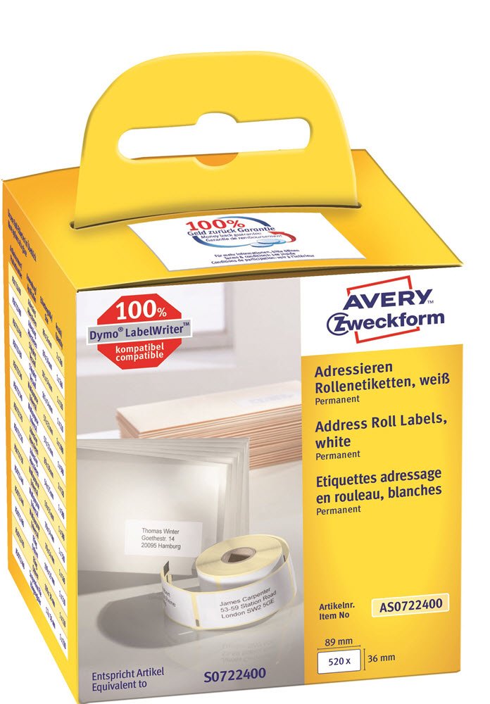 Avery adresseetiket p rulle 89x36mm (2x260)