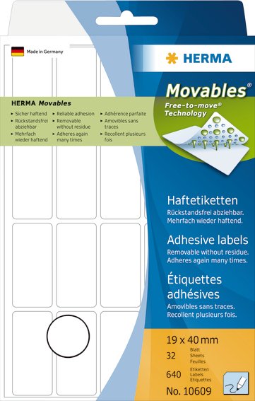 HERMA Etiketter Movables 19x40mm hvid 640stk