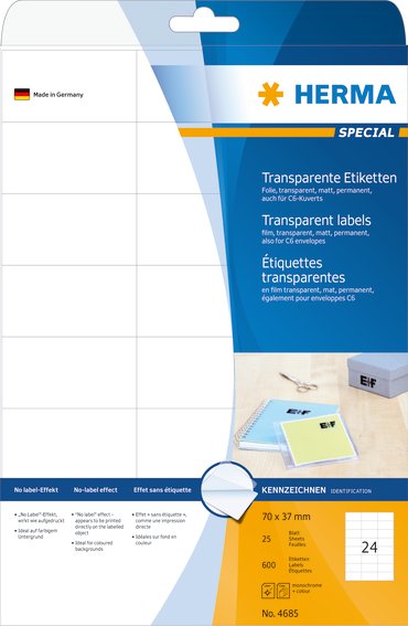 Etiketter HERMA Special transp. 70x37 A4 600 stk.