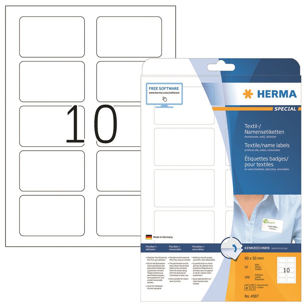 Herma navne/tekstil etiket aftagelig 80x50 hvid