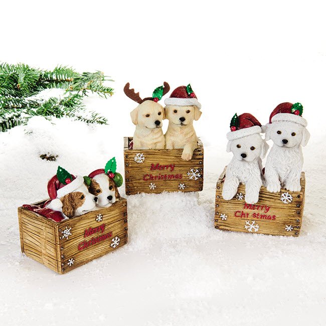 Hunde i polyester i kasse 'Merry Christmas' 12cm