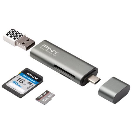 PNY USB-C Card Reader - USB Adapter, Grey