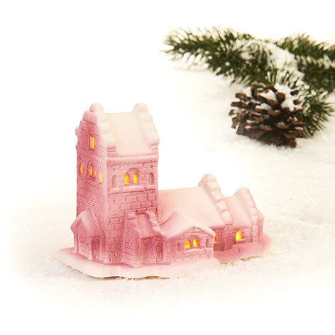 Pobra landsby-kirke, porceln, med LED lys 14x15cm