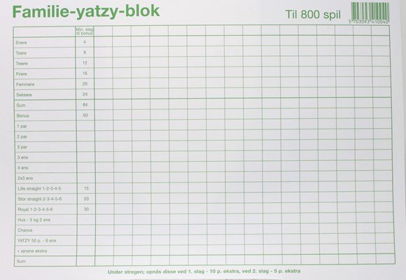 Yatzy Blok Familie 6 Terninger