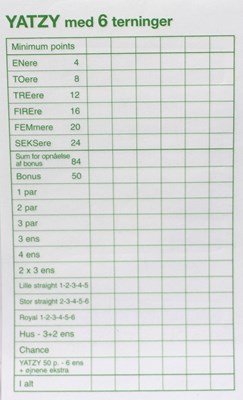 Yatzy blokke Til 6 Tern 3stk
