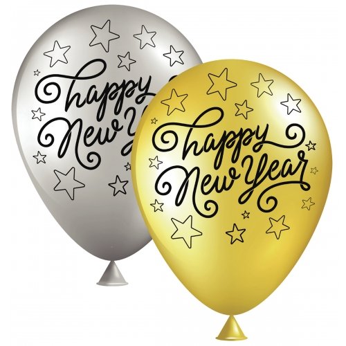 Balloner Happy New Year 23 cm guld/slv 8 stk.